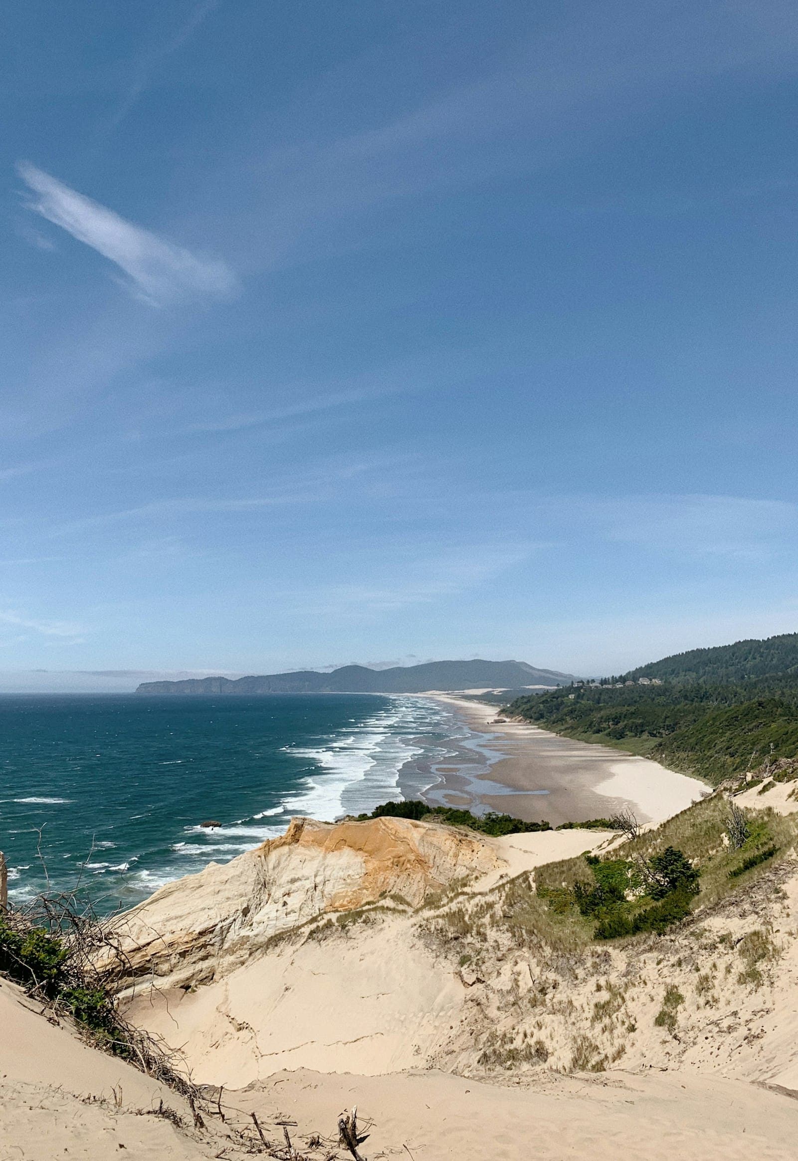Looking south from the top of Cape Kiwanda's dune — gold sandstone, teal water, and the long beach